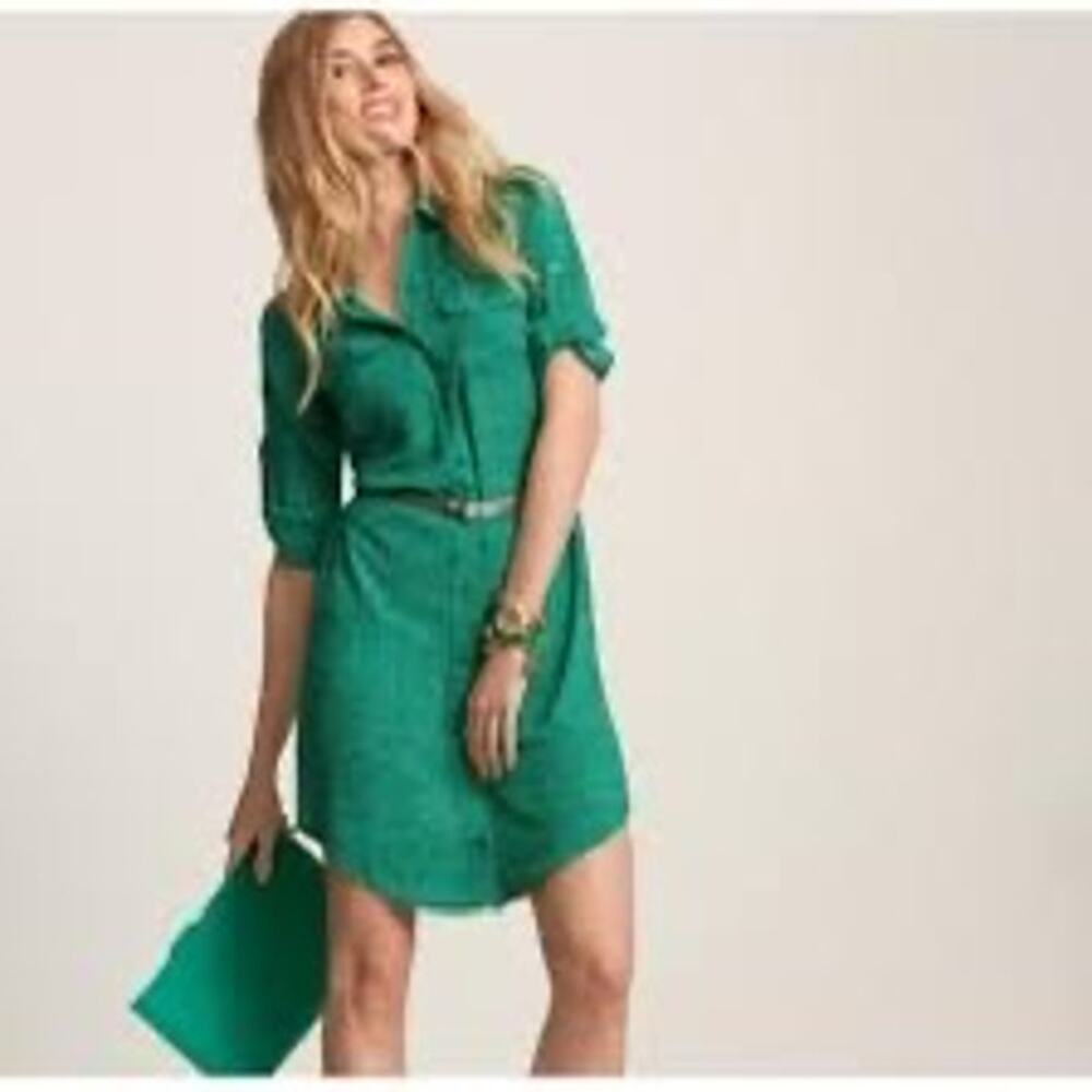 Cabi S Shirt Dress Emerald Green White Dot Roll Tab Sleeve‎ Button Front